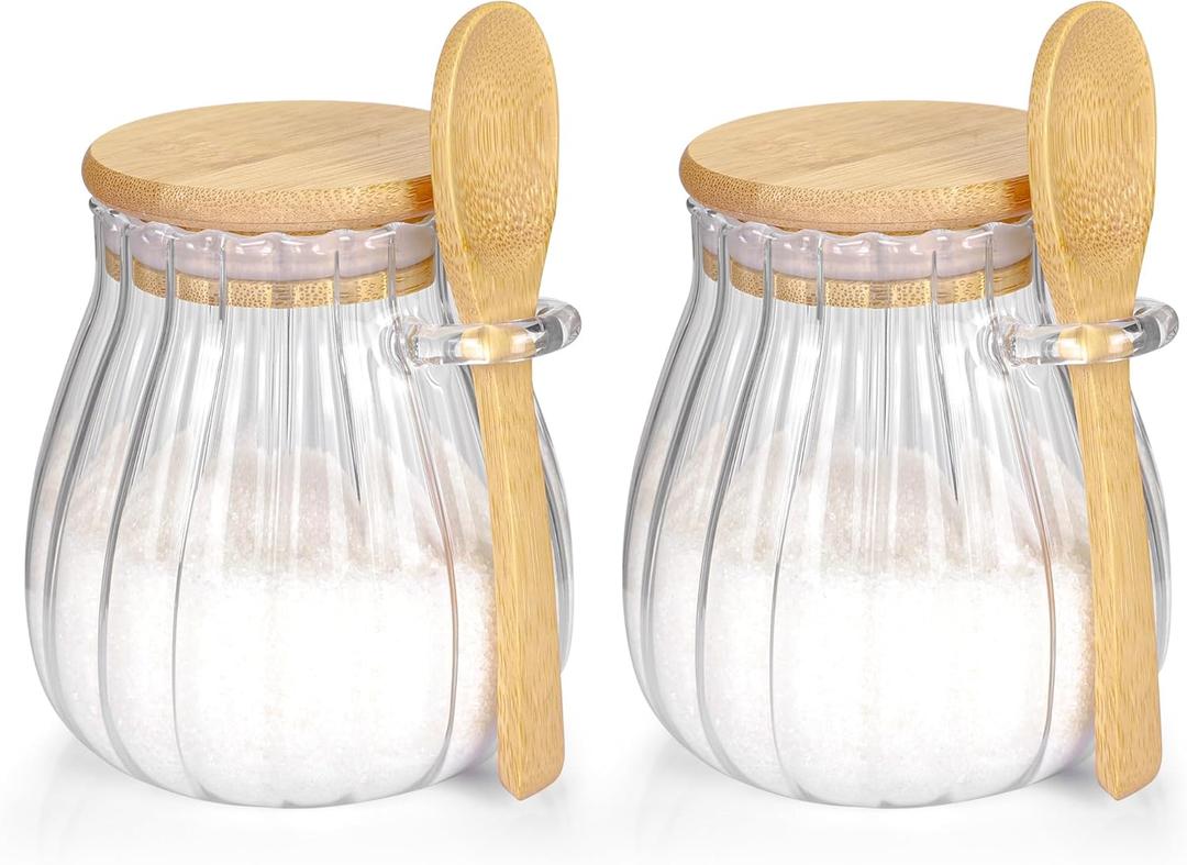 2Pcs Sugar Container with Bamboo Lid and Spoon,15oz Sugar Bowl Glass Jar for Coffee Bar Accessories Coffee Canister Kitchen Decor Housewarming Gift Christmas Refillable Design