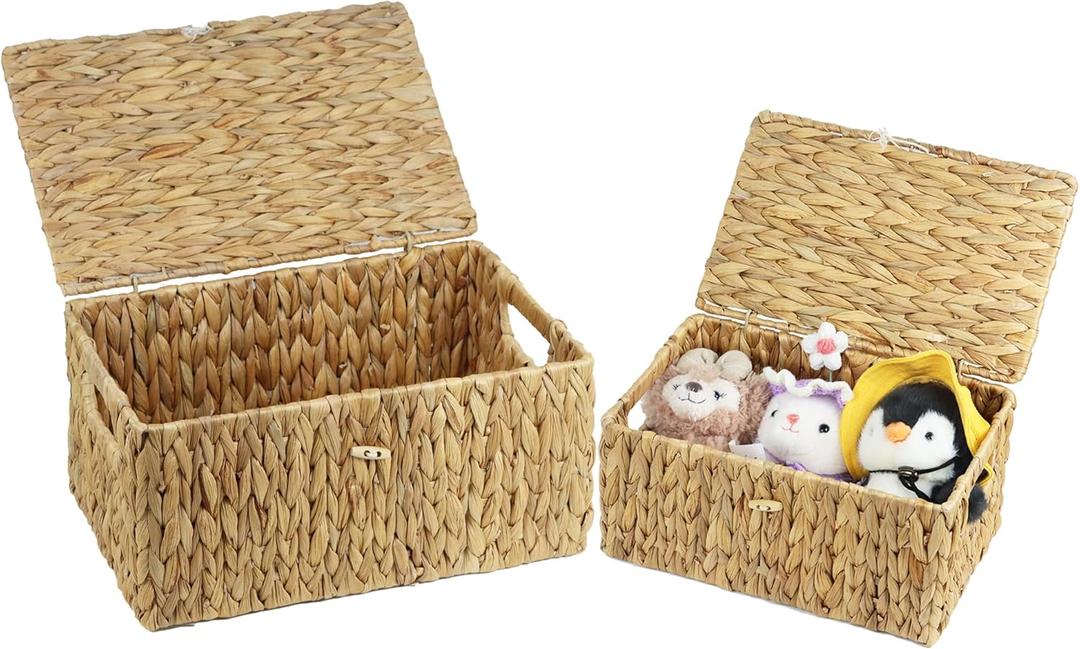 Set of 2 Wicker Basket with Lid, Rectangular Water Hyacinth Storage Baskets for Organizing, Decorative Woven Basket Bins Boxes for Organizing Home (14.2" x 9.4" x 7" + 12.2" x 7.8" x 6")