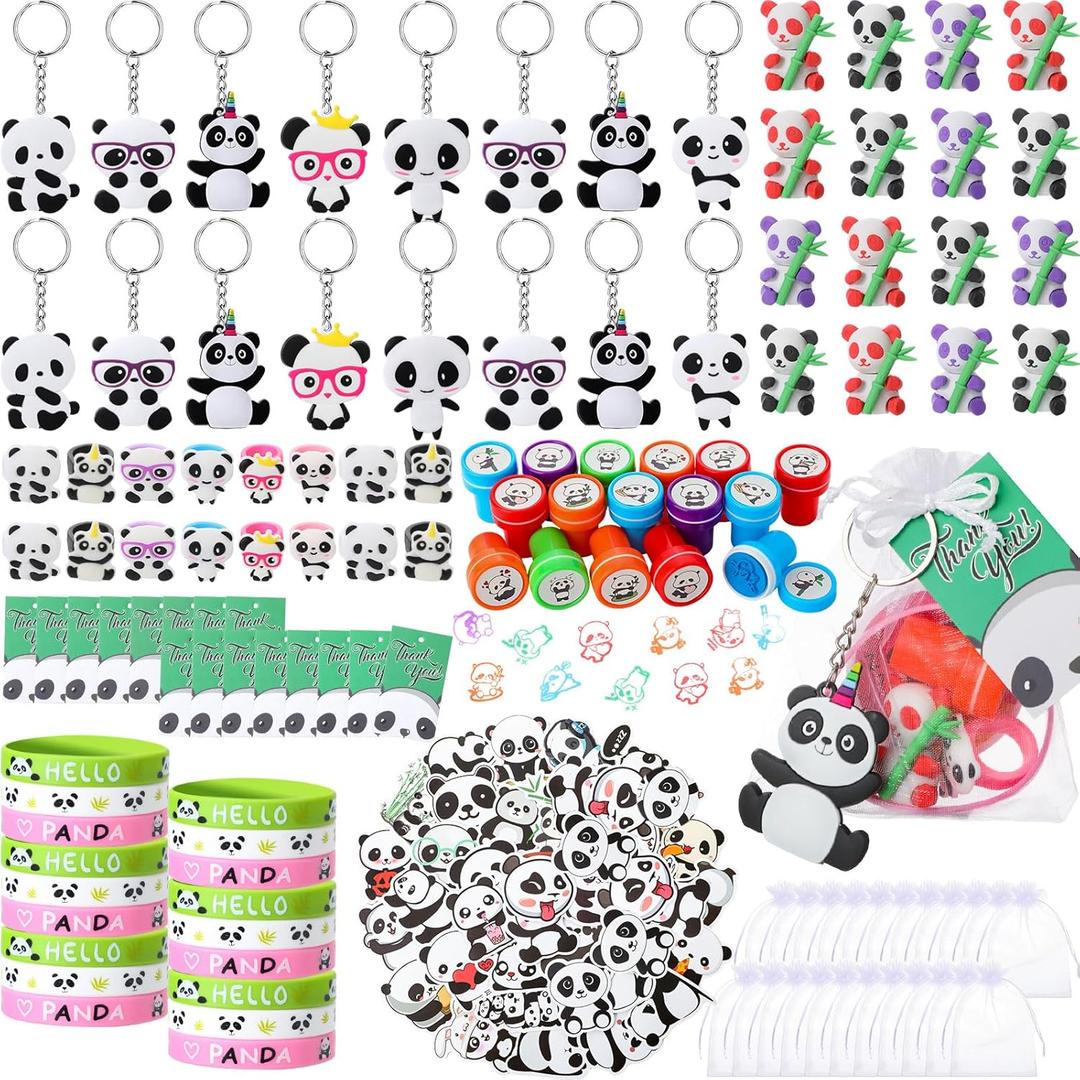 Seajan 162 Pcs Panda Birthday Party Favors for 16 Kids Include Keychain Ring Bracelet Stamp Erasers Sticker Bag Tags for Theme Birthday Baby Shower Party Decor