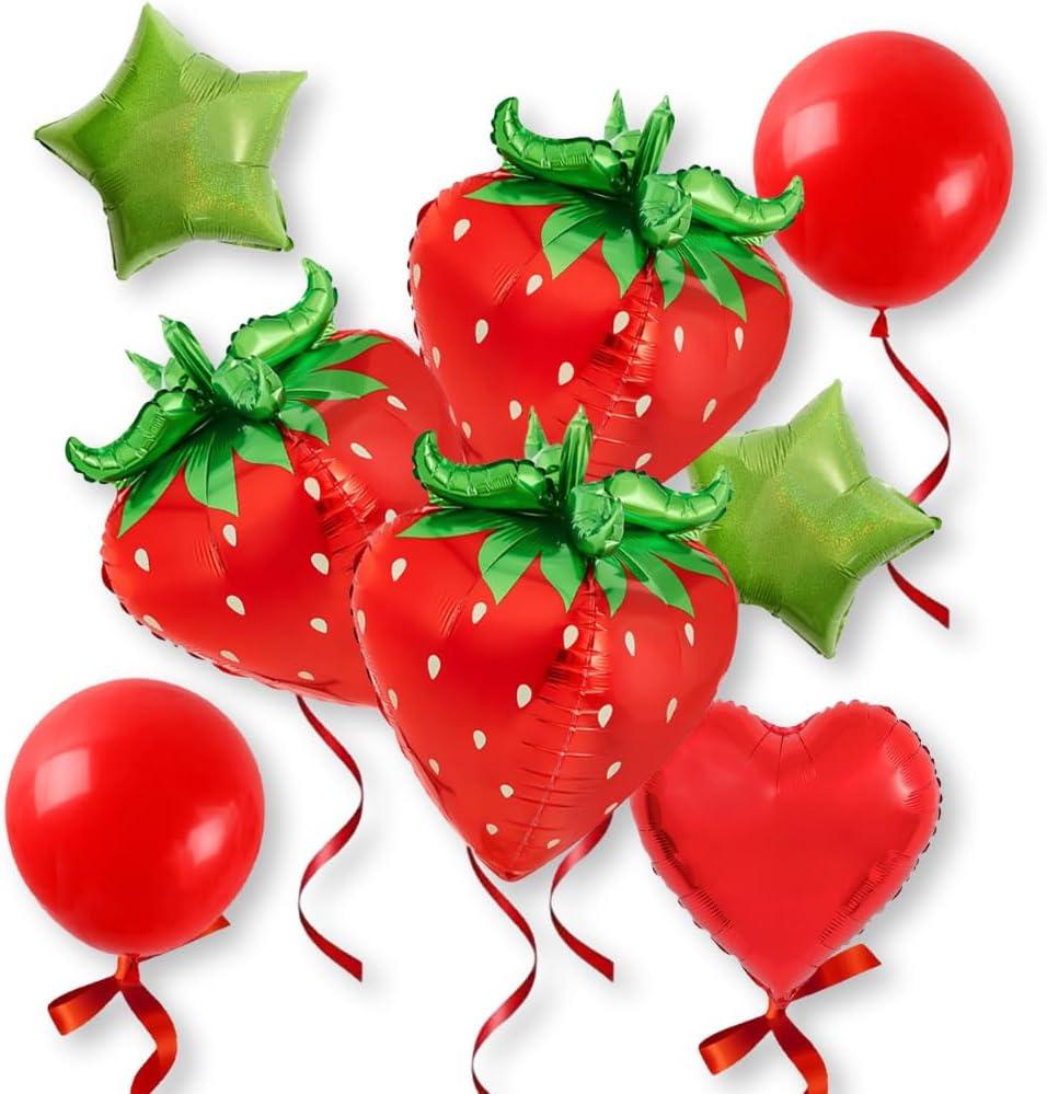 8 PCS 4D Giant Strawberry Balloons 29 Berry Balloons Set with Latex and Red Heart Foil | Sweet Cute Berry First Birthday Party Decorations Supplies