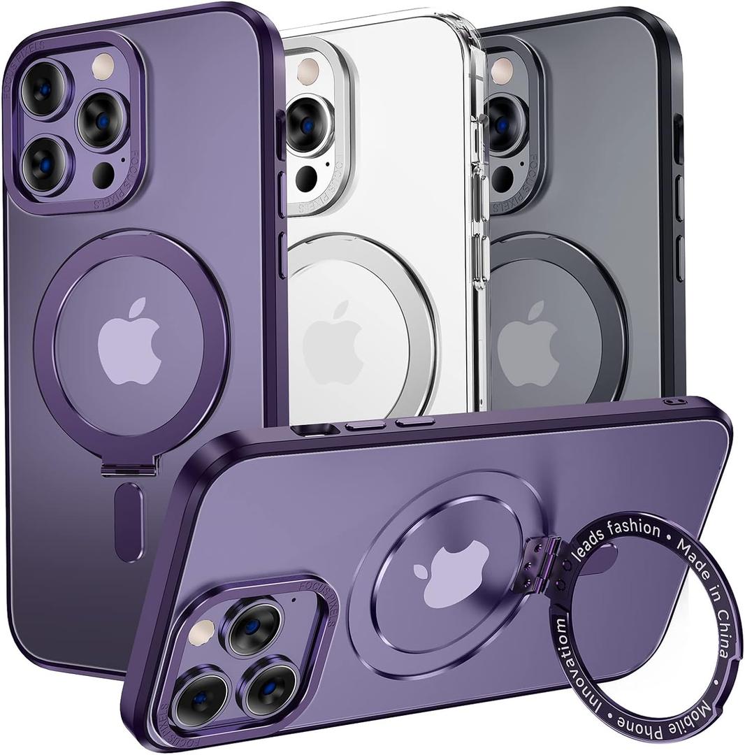 MAGIC JOHN Magnetic Case for iPhone 14 Pro Max Phone Case [Compatible with Magsafe] [with Magnetic Mental Stand][Military Grade Shockproof][Anti Yellowing] Translucent Matte Back with Soft Edge,Purple