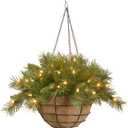 National Tree Company Pre-Lit Artificial Christmas Hanging Basket, Tiffany Fir, Decorated With Frosted Pine Cones, Berry Clusters, White Lights, Christmas Collection, 20 Inches