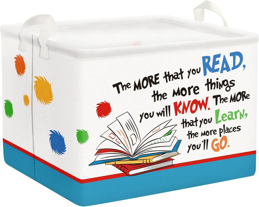 Clastyle Collapsible Back to School Reading Book Storage Basket Dr Quotes Book Organizer for Nursery Room Classroom Library Rectangle Kindergarten Daycare Clothes Toys Storage Bin