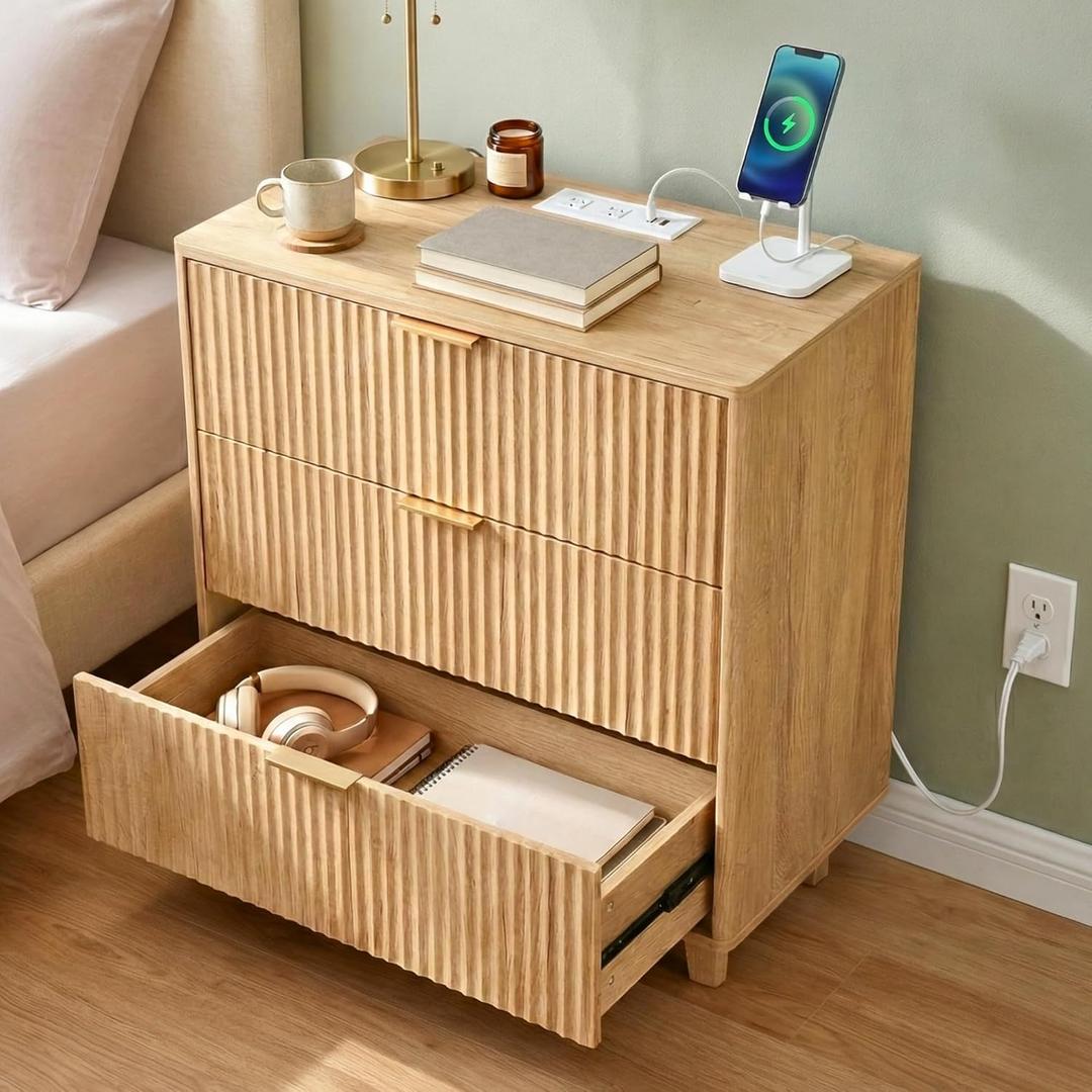 3 Drawer Dresser for Bedroom - Mid Century Modern Style Wood Nightstand, Small Fluted Dresser for Bedroom and More