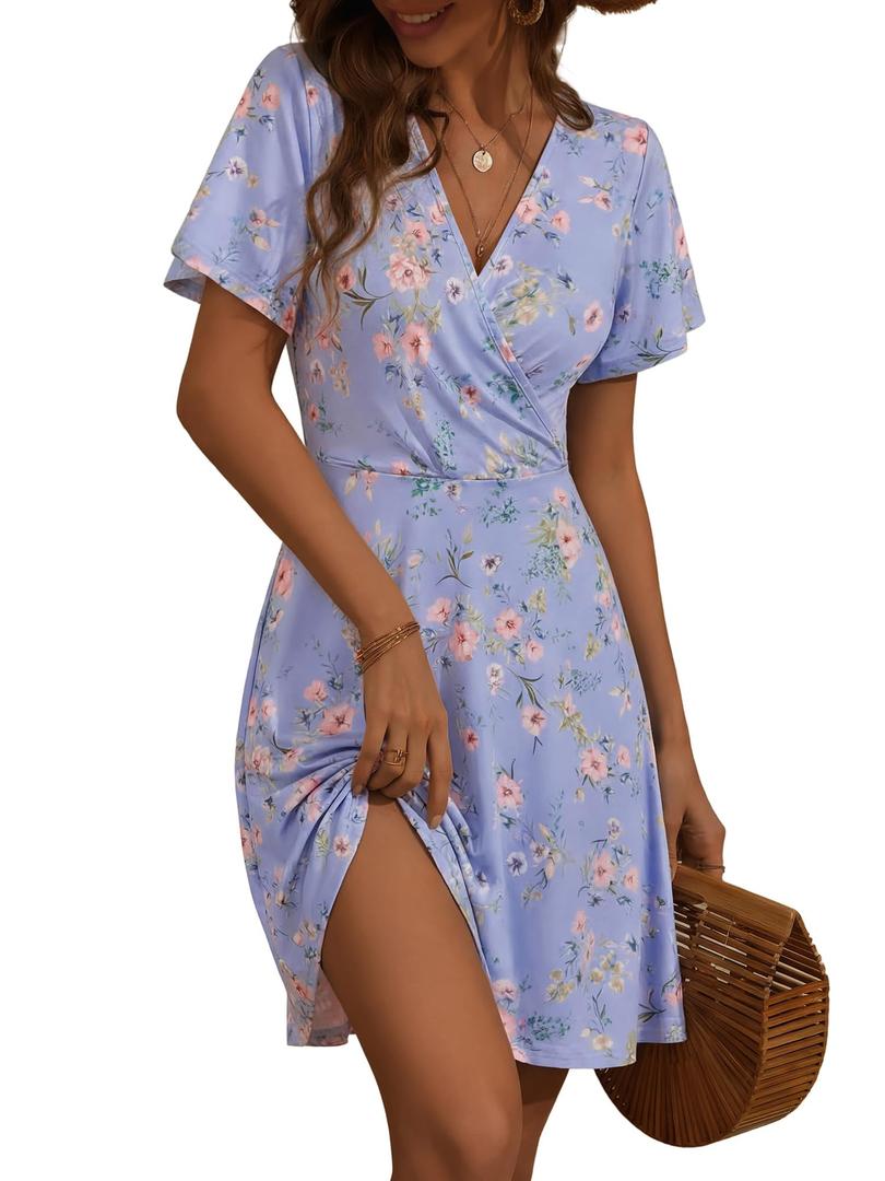 FENSACE Summer Clothes for Women Empire Waist Aline Knee Length Purple Wedding Guest Pastel Dress(Purple Pink Floral-113,Medium) (M)