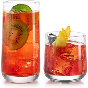 Libbey Ascent Tumbler and Rocks Drinking Glasses Set of 16, Glass Drinking Glasses with Curvature, Versatile Glassware Set for Parties and More, 16 Ounces