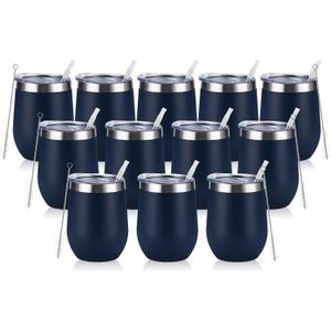 12 Pack Stainless Steel Wine Tumblers, 12Oz Double Wall Vacuum Insulated Wine Tumblers with Lids and Straws, Stainless Steel Stemless Wine Glasses for Coffee, Wine, Cocktails, Champaign, Navy Blue