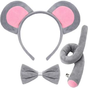 Breezy Valley Mouse Ears Headband Tail, Halloween Costumes for Women Adult - Grey Mouse Ears Costume Headband Bowtie Tail, Halloween Mice Rat Cute Animal Costumes Women Men Adult Party Accessories set