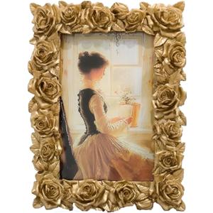 1PCS 3.9x5.8 Vintage Gold Picture Frame Rose Flower Leaf Glass Front Resin Photo Frame for Tabletop Wall Hanging Display (Golden)