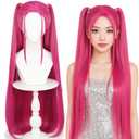 Wiggy Mermaid Long Magenta Ponytail Pigtail Wig for Women Universal Rose Red Wig + Cap for Stage Party Halloween Costume Cosplay