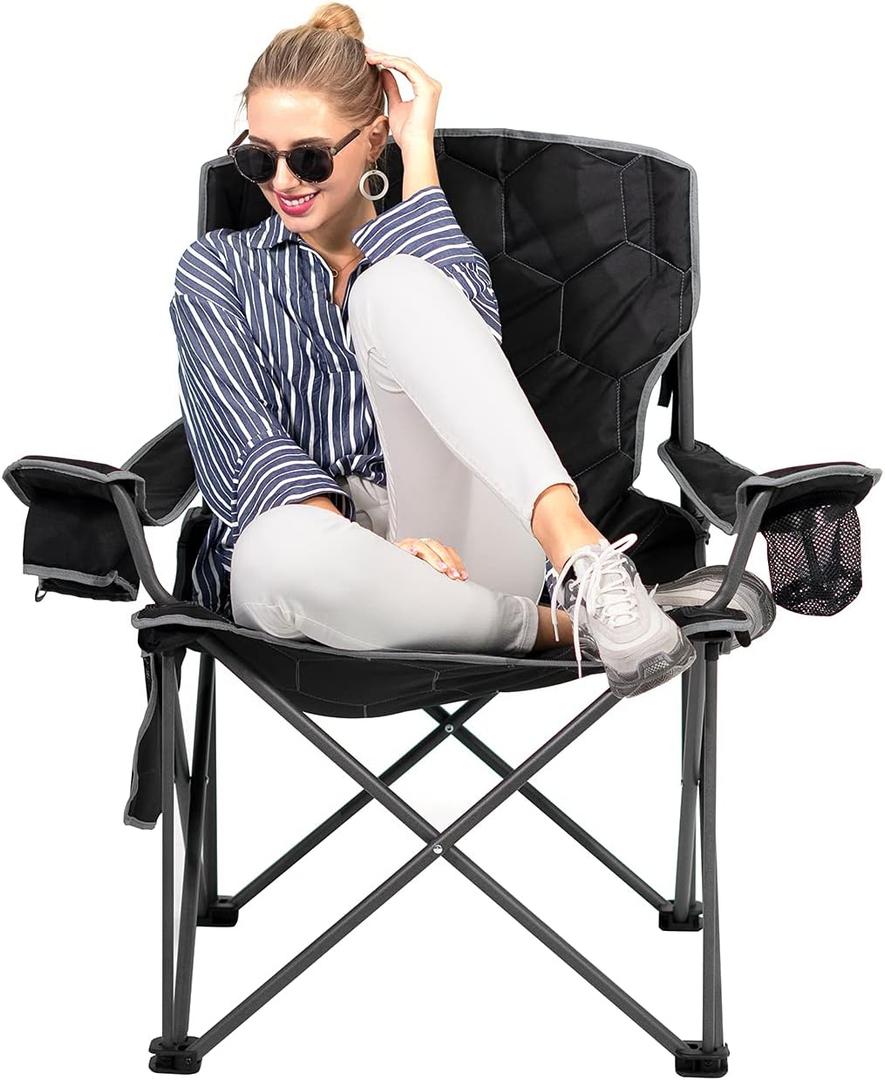 SUNNYFEEL XXL Oversized Camping Chair, 500 LBS Heavy Duty Lawn Chairs, Portable Folding Sports Chairs with Armrest, Cup Holder, Pocket Bag for Outdoor/Travel/Picnic (Black)