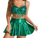 Avidlove Rave Outfits for Women Sequin Fringe Outfits Cosplay Lingerie 3pack Costume Set with Metallic Skirt, S