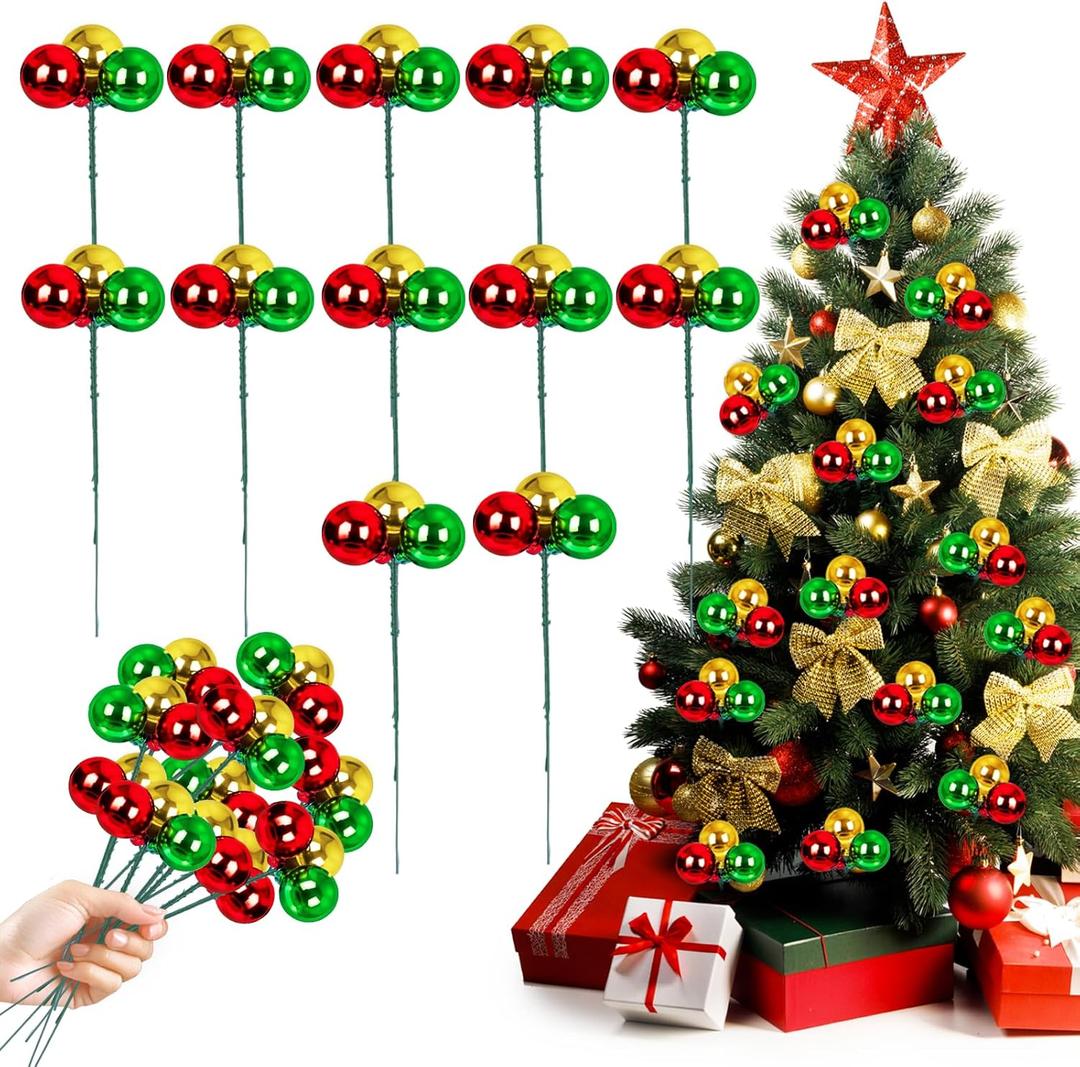 12 PCS Christmas Ball Ornament Picks with 36 Shatterproof Balls - 7.9 Inch Bendable Wired Picks Christmas Tree Ornaments for Wreath, Garland, Vase Fillers Decorations (Red, Green, Gold)