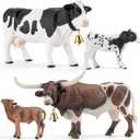THINKBAY 4PCS Cows Bulls Longhorn Farm Animal Figurines Toys for Kids, Plastic Cow Farm Animals Figures for Boys Girls Include White Holstein & Texas Longhorn and 2 Calfs, Cake Toppers Party Favors