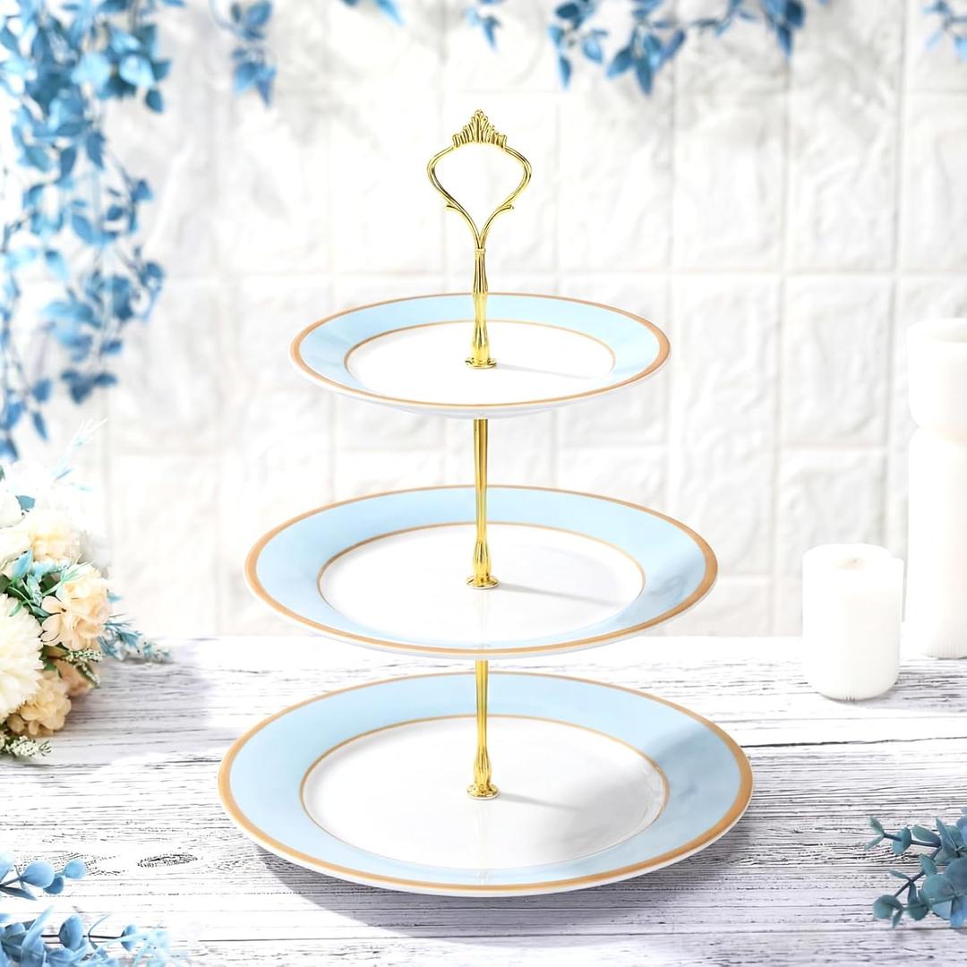 CHENGU 3 Tier Cupcake Stand Blue Ceramic with Gold Frame, 10" 9" 7" Dessert Tower for Baby Shower Birthday Wedding Tea Party, Tiered Cake Holder Display for Cupcakes Pastries Fruits