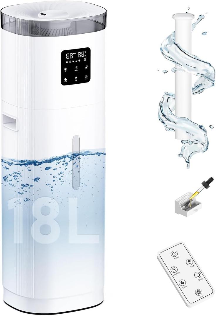 Humidifier Large Room, 2000 sq.ft Quiet Whole House Humidifier, 4.8Gal/18L Large Water Tank, 30%-95% Custom Humidity, Top Fill, 800ml/h Cool Mist, Extension Tube, Remote Control, Aroma Box