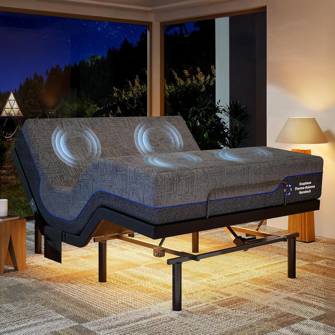 Marsail NS1 Massage Adjustable Base with Mattress Set, Queen Adjustable Bed Frame + 12-inch Cooling Gel Memory Foam Mattress, Dual Motor Bed Frame with Wireless Remote, CertiPUR-US Certified