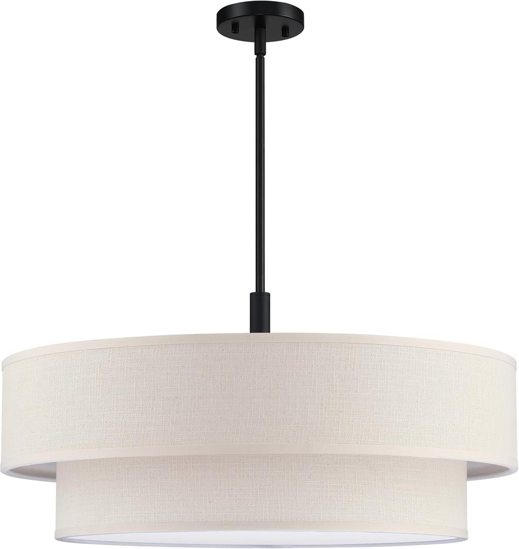 6 Light 26 Inch Cream Fabric Shade Hanging Pendant Ceiling Light Fixture,Adjustable Rod Semi Flush Mount Light Black Finish for Bedroom,Living Room,Dining Room Hallway