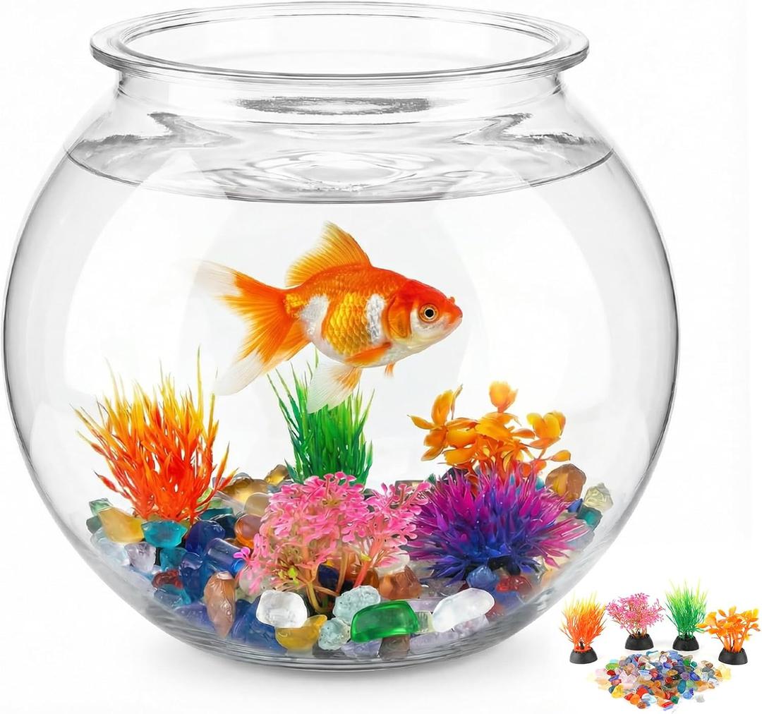 1 Gallon Round Plastic Fish Bowl Set, Crystal Clear Plastic Aquarium for Fish with 5 Decorative Plants and 8.8oz Colorful Stones, Small Fish Tank for Home Decoration