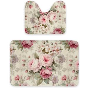 Bathroom Rugs- Pink Rose Pattern Set of 2, Microfiber Shaggy Carpet, Super Absorbent, Machine Washable,Non-Slip with U-Shaped Toilet for Bathroom, Tub, Shower