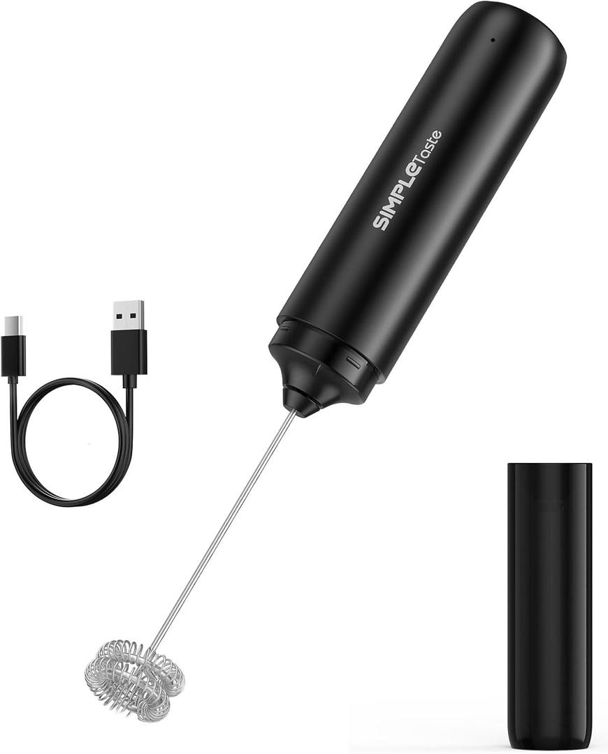 SIMPLETASTE Milk Frother Handheld Electric Foam Maker, Drink Mixer with Stainless Steel Whisk for Cappuccino, Bulletproof Coffee, Latte, Black, without Stand, USB-C Rechargeable
