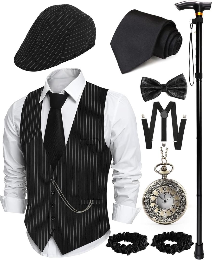 1920s Mens Costume, Roaring 20s Costumes for Men 1920s Mens Outfit with Walking Cane Vest Hat 1920 Mens Accessories (Black, S)