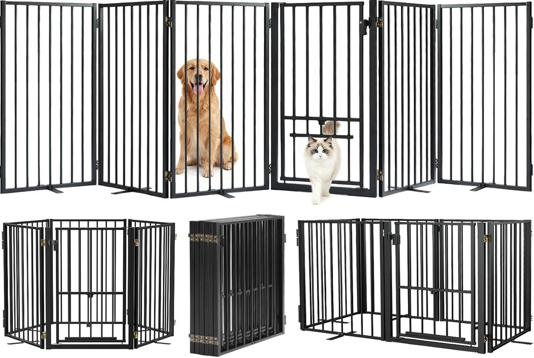 Metal Freestanding Dog Gate with Cat Door for Outdoor & Indoor,120" Extra Wide Foldable Pet Fence,30" Tall Dog Gate for RV Camping,Stairs,Hallways,Doorways,Deck,Yard,with 5PCS Support(6 Panels,Black)