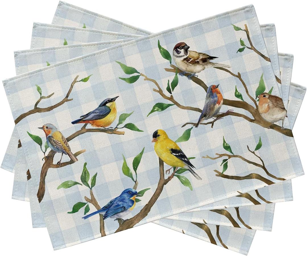 Seliem Spring Summer Birds Placemats Set of 4, Chickadee Goldfinch Robin Bluebird Nuthatch Sparrow Branch Dining Table Place Mats, Blue Plaid Check Farmhouse Kitchen Decor Home Decoration 12 x 18 Inch