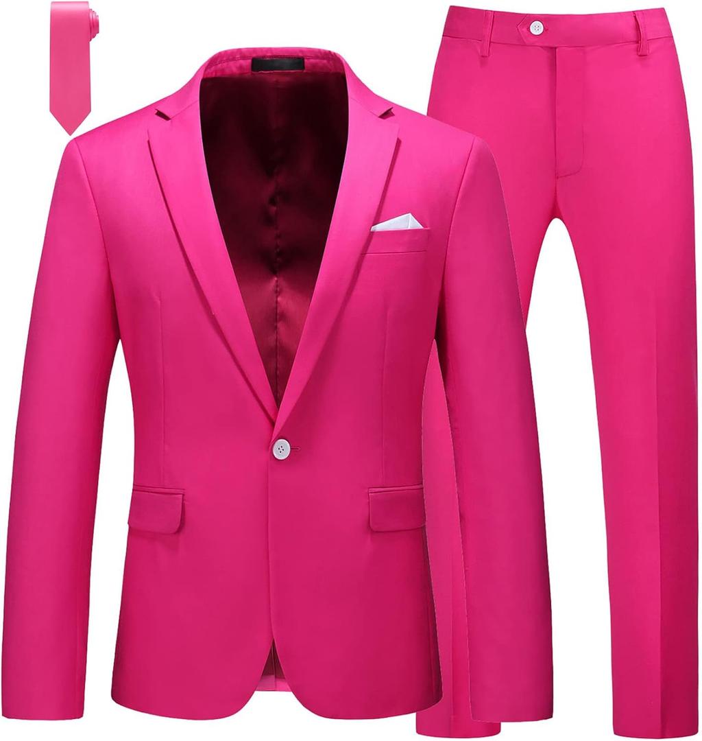 MOGU Men's Slim Fit 2-Piece Tuxedo Suit One-Button Jacket & Pants Set for Wedding, Prom, and Formal Events (44, Hot Pink)