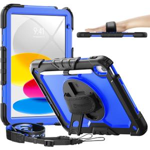 timecity for iPad (A16) 11th/ 10th Generation Case 11''/ 10.9 Inch (2025/2022) - Heavy Duty Protective Cover with Screen Protector, Stand, Shoulder Strap & Pencil Holder | Kids-Friendly - Dark Blue