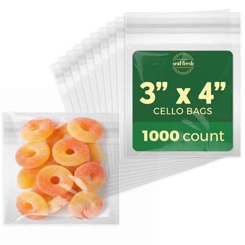 Seal Fresh Self Sealing Cellophane Bags - 3" x 4" (1000 Count) - Clear Plastic Resealable Cello Bag - Cellophane Treat Bags, Cookie Bags for Packaging, Candy bags, Cello Bags, Pastry Bags