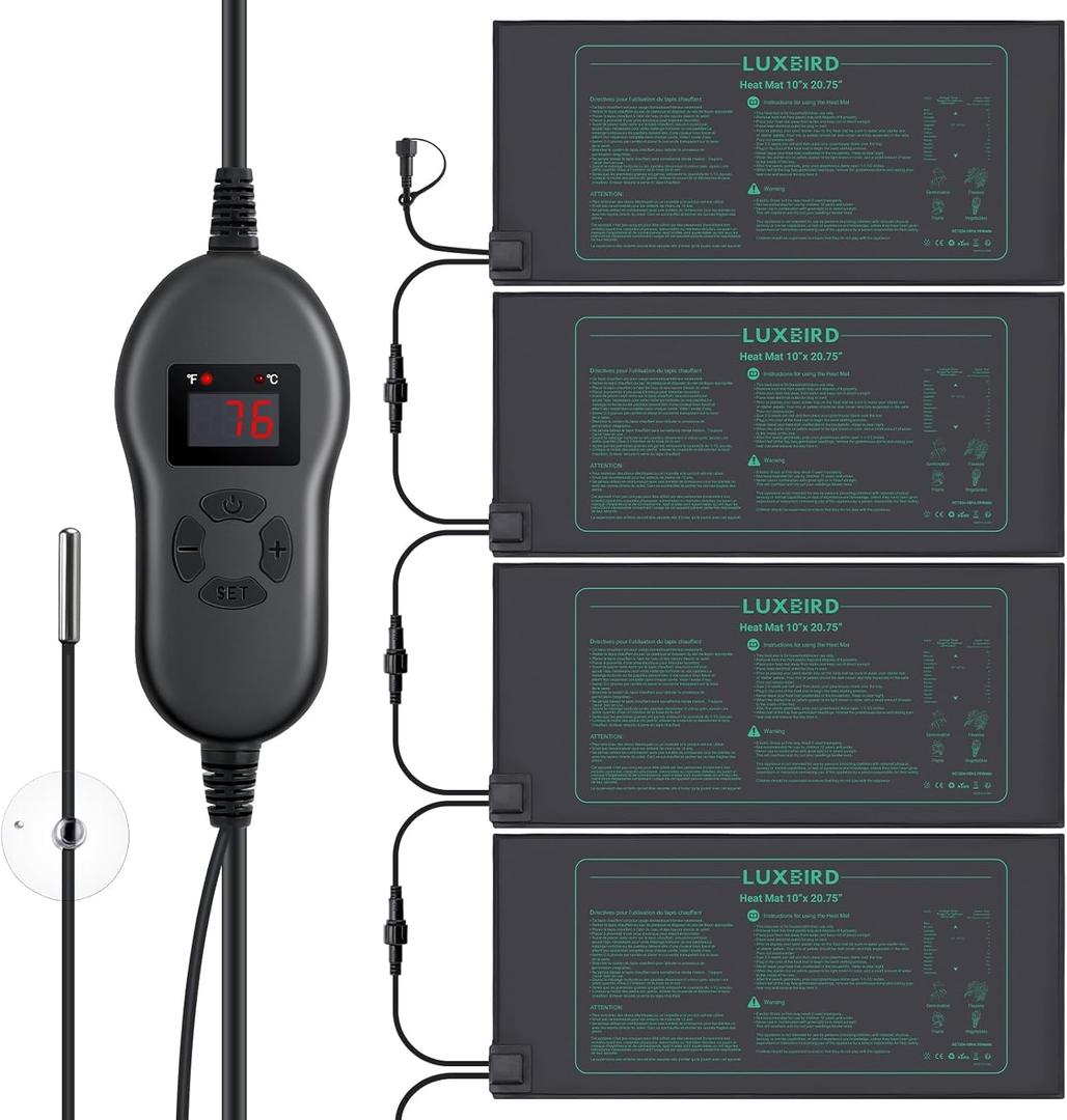 LUXBIRD 4 Pack Seedling Heat Mats with Digital Thermostat Controller, 10" x 20.75" Waterproof for Seed Starting, Germination, Hydroponics, Brewing, Breeding, Greenhouses (LB-HT04)