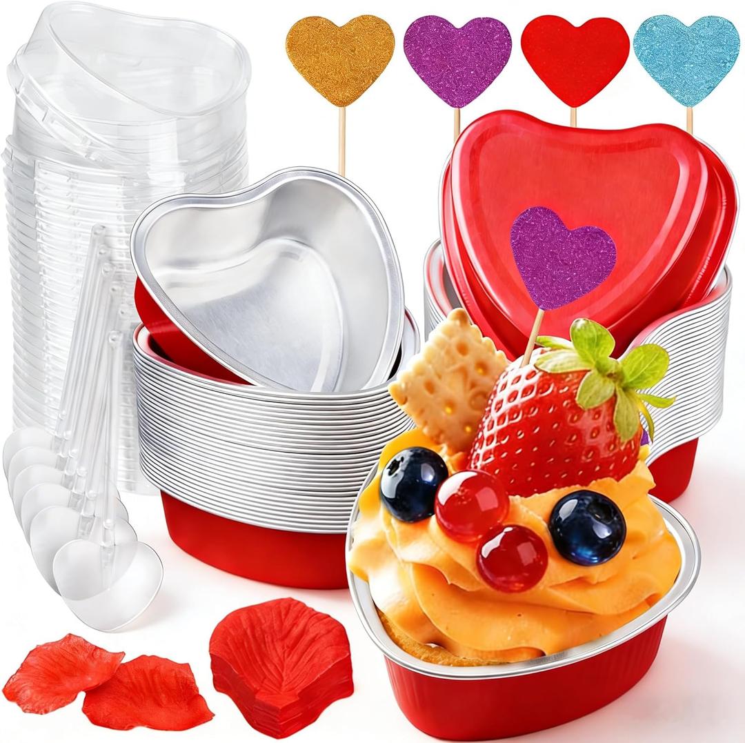Heart Shaped Cake Pans Valentines Aluminum Mini Cake Pans with Lids for Baking 36 Packs 3.4 Ounces Disposable Cupcake Cup Cake Pan Baking Supplies for Valentine Wedding Mother's Day Birthday