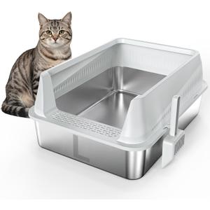 AIPERRO Stainless Steel Litter Box with Lid, High Sided Cat Litter Box