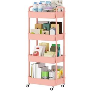 4-Tier Plastic Rolling Utility Cart with Handle, Multi-Functional Storage Trolley for Office, Living Room, Kitchen, Movable Storage Organizer with Wheels, Pink