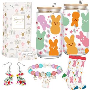 Easter Gift Basket for Women - Cute 16oz Glass Bunny Tumbler with Lid And Straw, Rabbit Bracelet, Bunny Earrings & Socks - Spring Easter Gifts for Her, Mom, Daughter, Sister