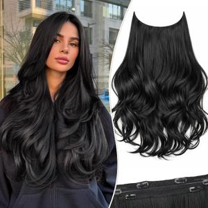 Layered Halo Hair Extensions with Invisible Wire Natural Black 20 Inches Long Wavy Layered Synthetic with 6 Secure Clips for Women Daily and Party Use (1B)