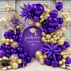 Purple and Gold Balloons Arch Kit, Dark Purple Gold Balloons Garland with Purple Mylar Explosion Star Balloons, Metallic Light Champagne Balloon Violet Royal Balloon for Adults Prom Luxury Decorations