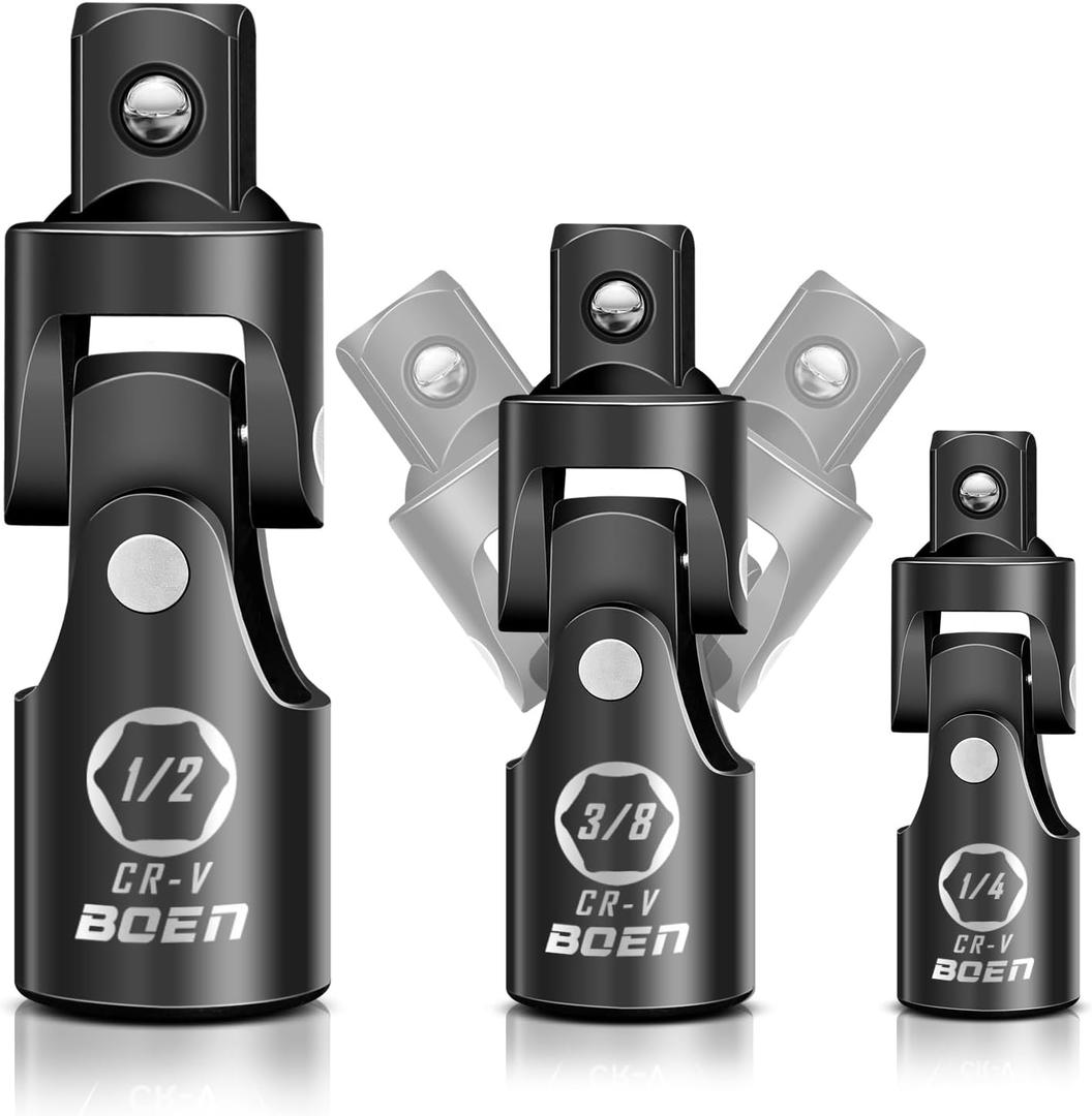 BOEN Universal Joint Socket Adapter Set | 3-Piece Ball Spring Design 1/2", 3/8", and 1/4" U-Joint Drive | Chrome Vanadium Steel Universal Joint Set
