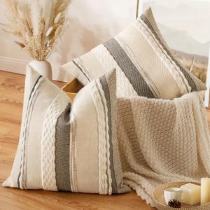 EMEMA Set of 2 Boho Decorative Throw Pillow Covers Tufted Chenille Farmhouse Cushion Covers Textured Striped Accent Neutral Pillowcases for Sofa Couch Bed Home Decor 18x18 Inch Brown White