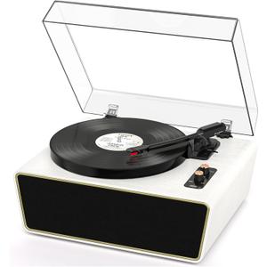 Full Size Vinyl Record Player, 3-Speed Bluetooth Turntable with Ruby Stylus, Adjustable Counterweight, Built-in 4 Stereo Speakers, PC Recording, Hi-Fi Belt-Drive with Auto Stop White