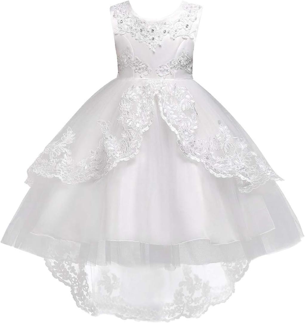Flower Girls Vintage High-Low Tulle Lace Beaded Rhinestone Wedding Bridesmaid Dress Formal Princess Pageant Birthday Party Special Occasion Retro Dance Evening Tutu Ball Gowns White 13-14 Years