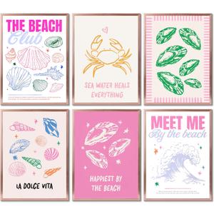 6PCS Pink Coastal Coast Canvas Wall Art Colorful Sea Shells Crab Ocean Wave Poster Print Artwork Preppy Beach Picture Painting Picture Wall Decor for Dorm Living Room Bedroom Home Decoration Unframed