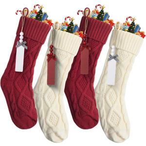 Mr. Pen- Personalized Christmas Stockings with Wooden Name Tags, Set of 4, 18" Red & Cream Cable Knit Stockings for Christmas