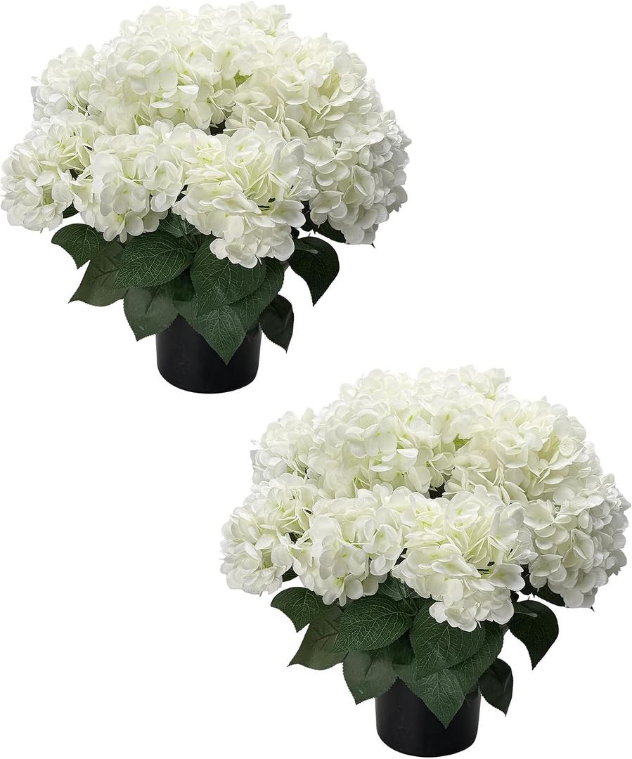 20” Artificial Hydrangea Plants Outdoor in Pots, UV Resistant Faux Hydrangea Bushes for Front Porch, Realistic White Fake Flowers for Patio Garden Entryway Indoor Home Decor, Set of 2 (2)