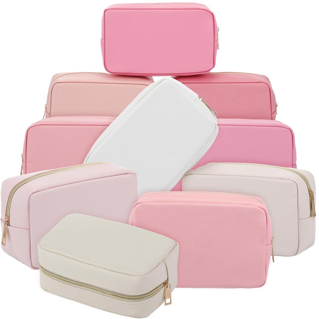 Sweetude 10 Pcs Preppy Makeup Bag Bulk PU Leather Cosmetic Bag Bridesmaid Gift Wedding Day Bachelorette Party Favor Toiletry Pouch DIY Skincare Pouch for Women(Pink)