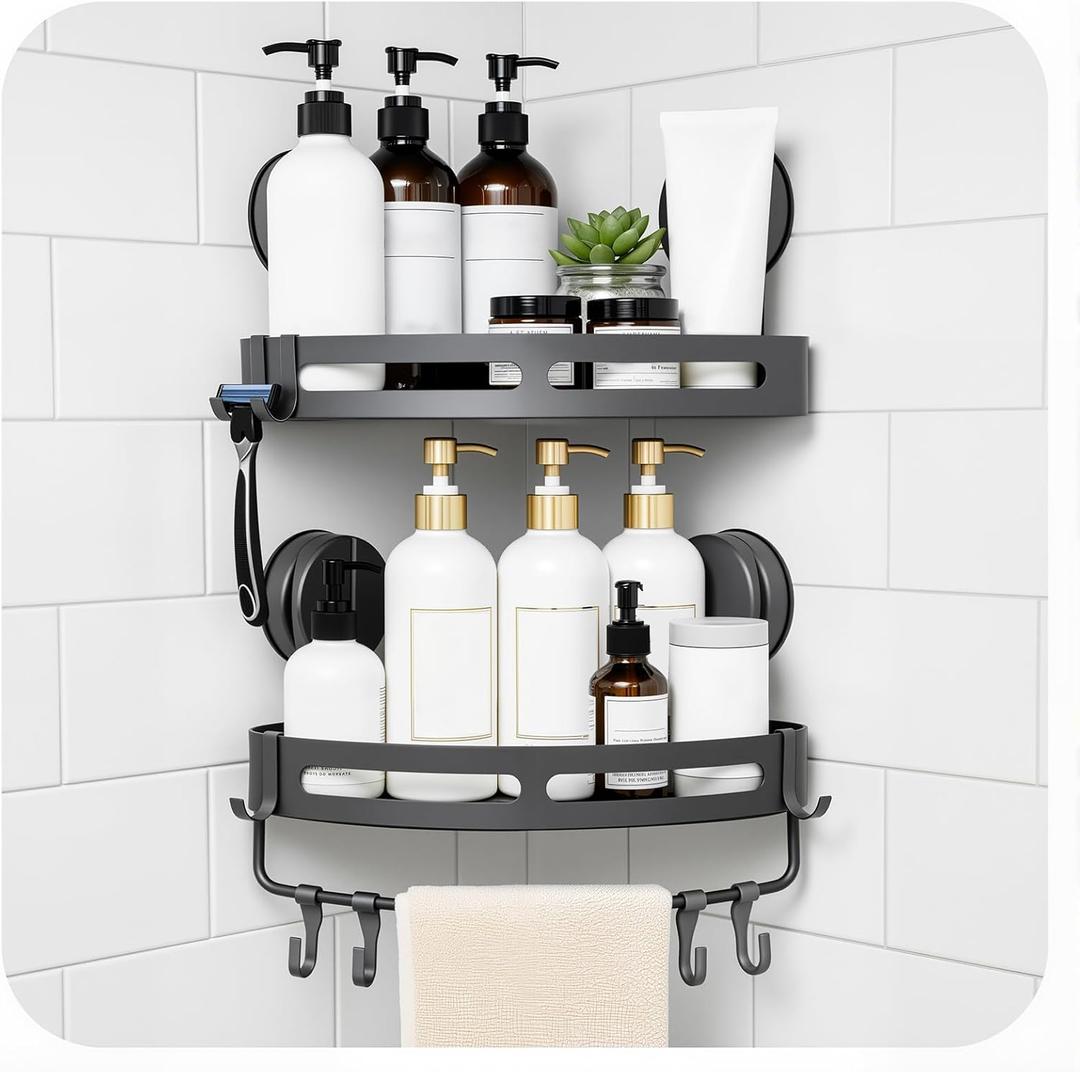 XXKMDXW Corner Shower Caddy Suction Cup Shower Shelf Corner No Drilling Bathroom Shower Organizer Storage Rack Suction Cup Type with Towel Bar Hooks
