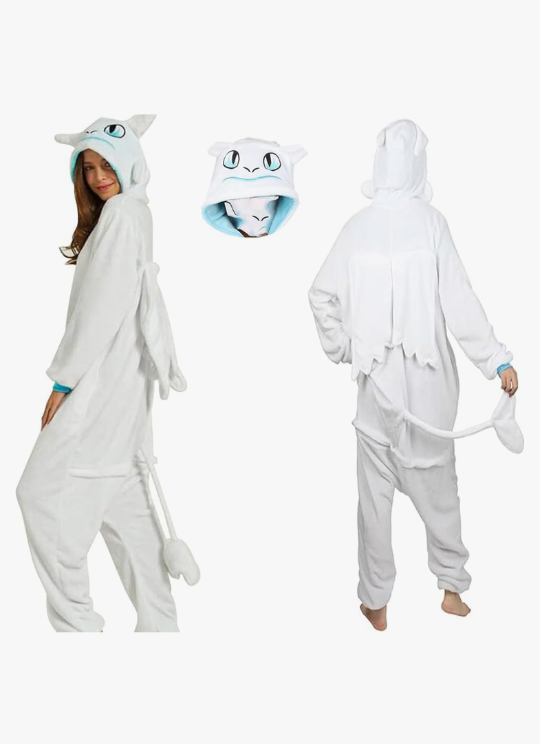 Toothless Onesie Adult Flannel Animal Pajamas Dragon Onesie Costume with Zipper Winter Sleepwear Halloween Cosplay, Size:S