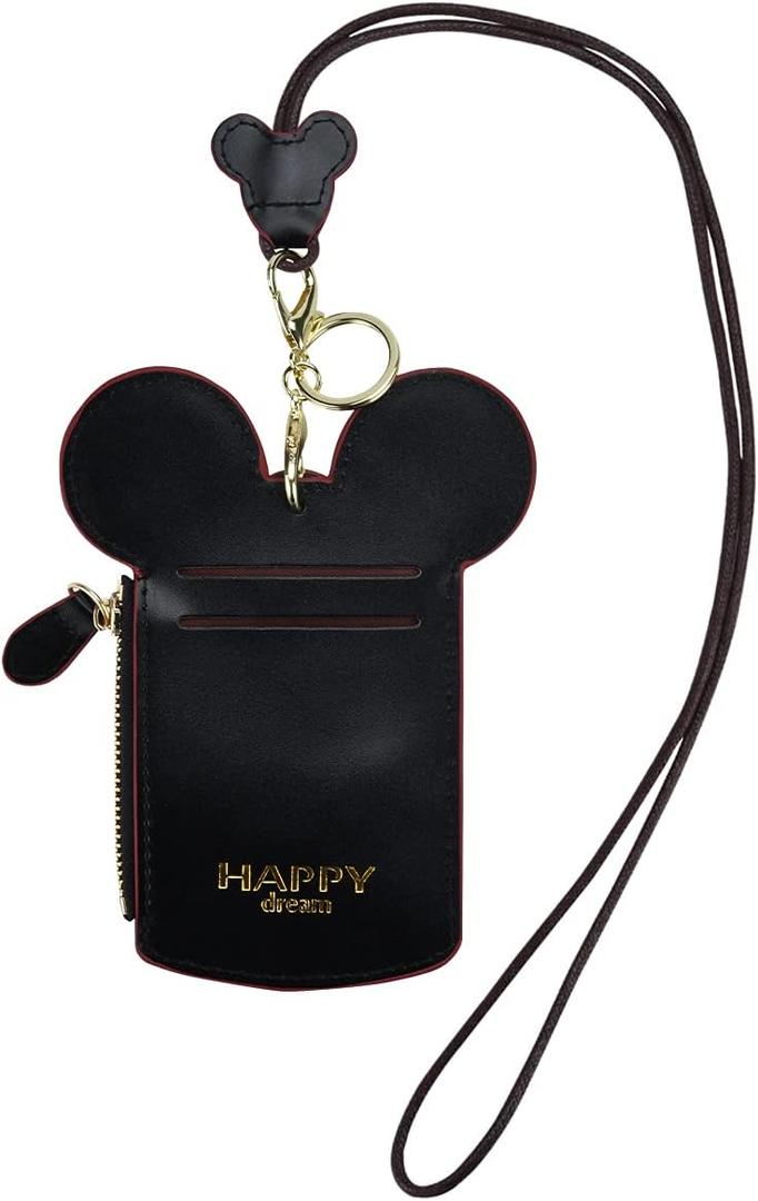 BUUFAN Chic Black Cute Travel PU Leather Student ID Card Holder Lanyard Neck Pouch Bag With Coin Wallet Purse for Students Women Kids Teens Girls
