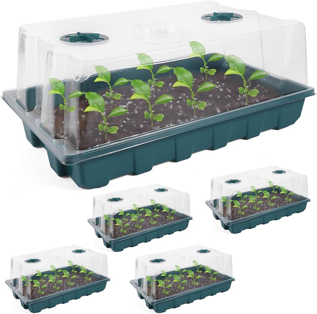 YoleShy 5 Packs Seed Starter Tray with Dome Reusable Plastic Plant Growing Trays with Humidity Domes Lids Thickened Sturdy for Seed Starting Germination Growing Seedling Propagation,14.5"x9"